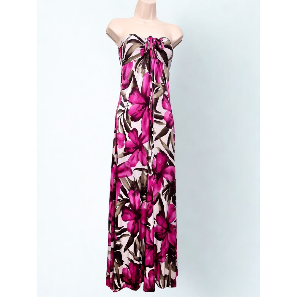 Vintage Y2K Chesley Strapless Tropical Floral Maxi Dress Ruched Gathered Bust